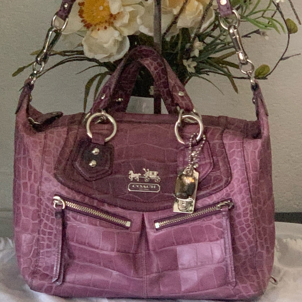 RARE HTF Coach Pink Madison Audrey Croc-Embossed Leather SATCHEL / Shoulder Bag - Picture 10 of 11